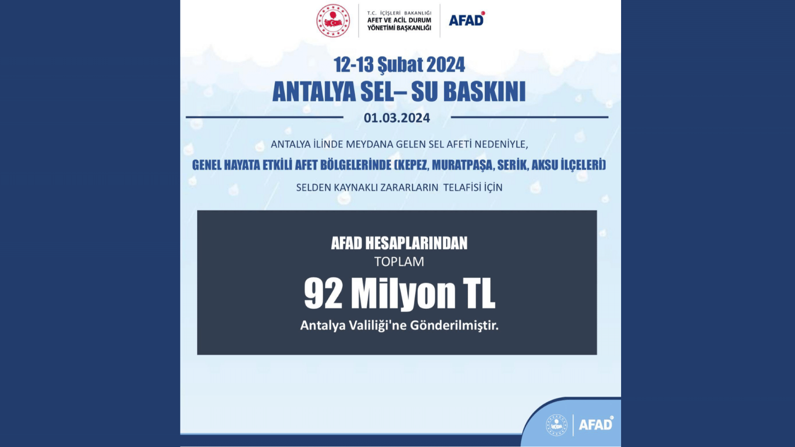 AFAD, Antalya'daki sel felaketi içn "Acil Destek Ödemesi" gönderdi